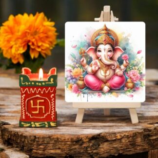 Cute Ganesha Printed MDF Table Top with Tulsi Diya For Diwali Gifting